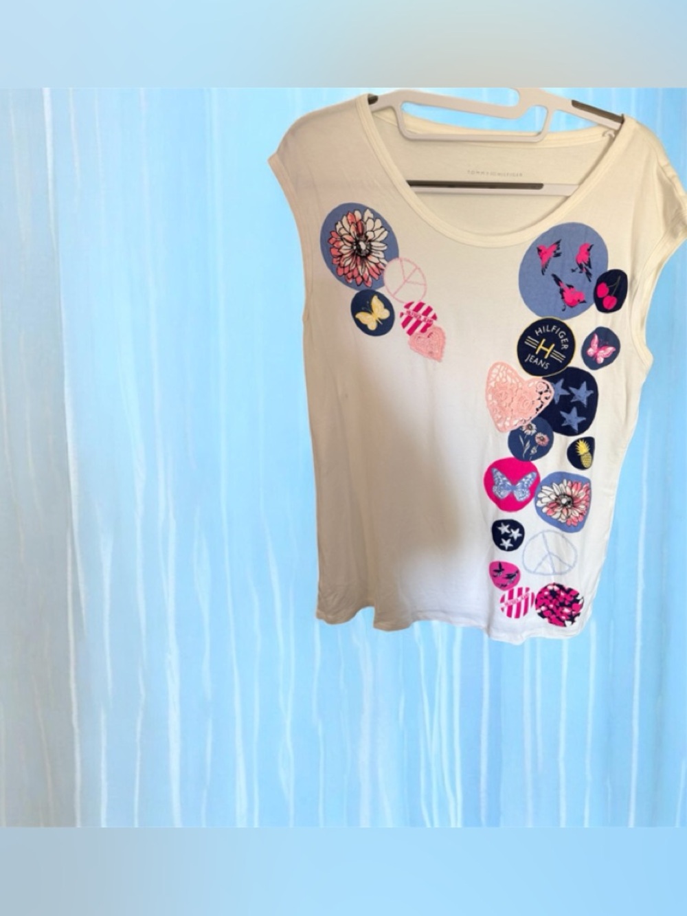 Tommy Hilfiger Graphic Patchwork Scoop Neck Tee - White with Pink & Blue Accents